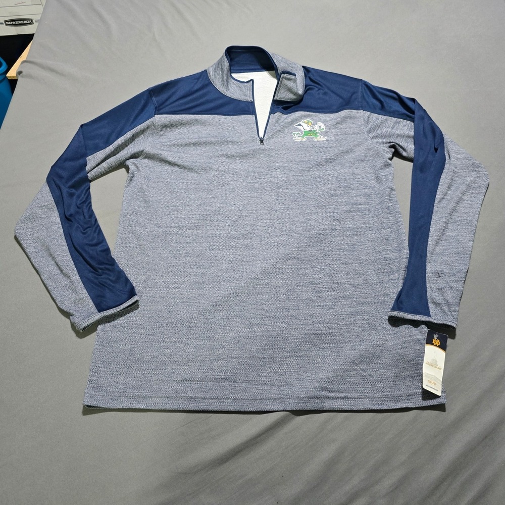 NEW Captivating Notre Dame Quarter Zip Pullover Mens Large Gray Navy Blue